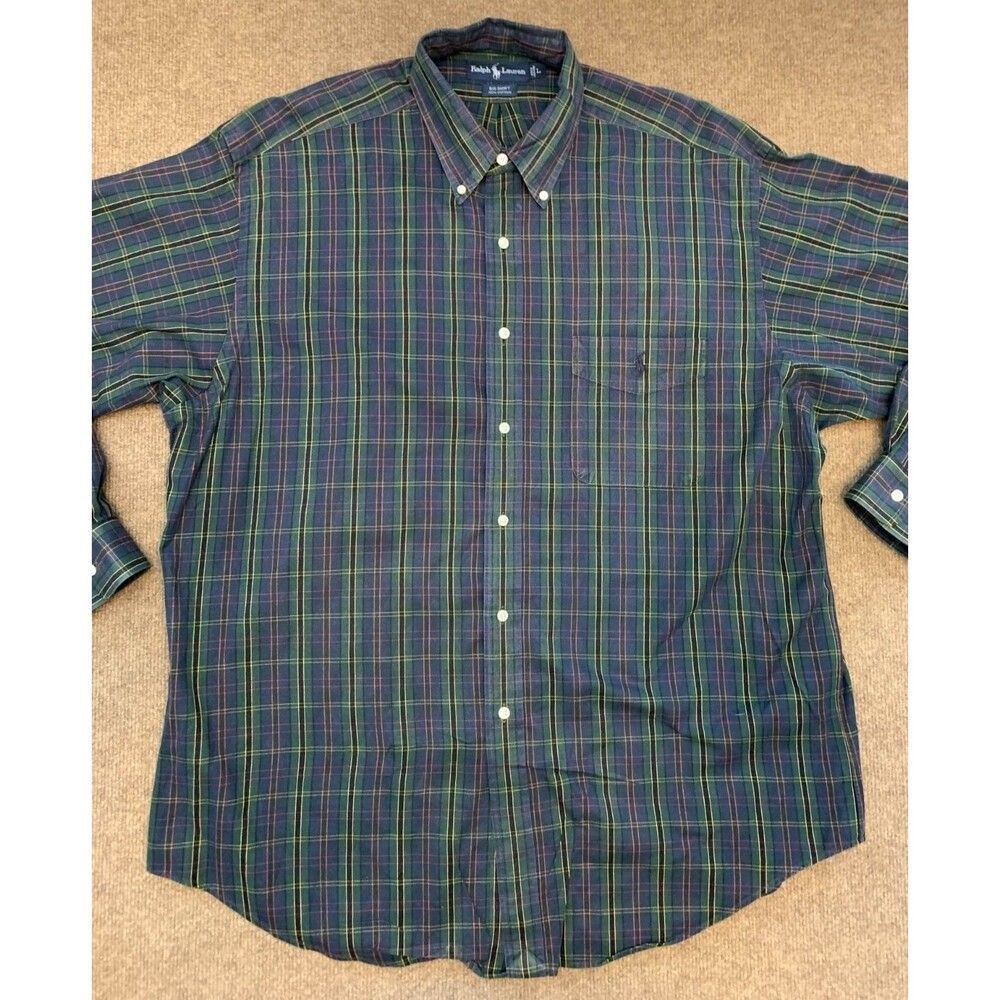 Ralph Lauren Shirt Mens L Big Long Sleeve Preppy Plaid Cotton Button Down